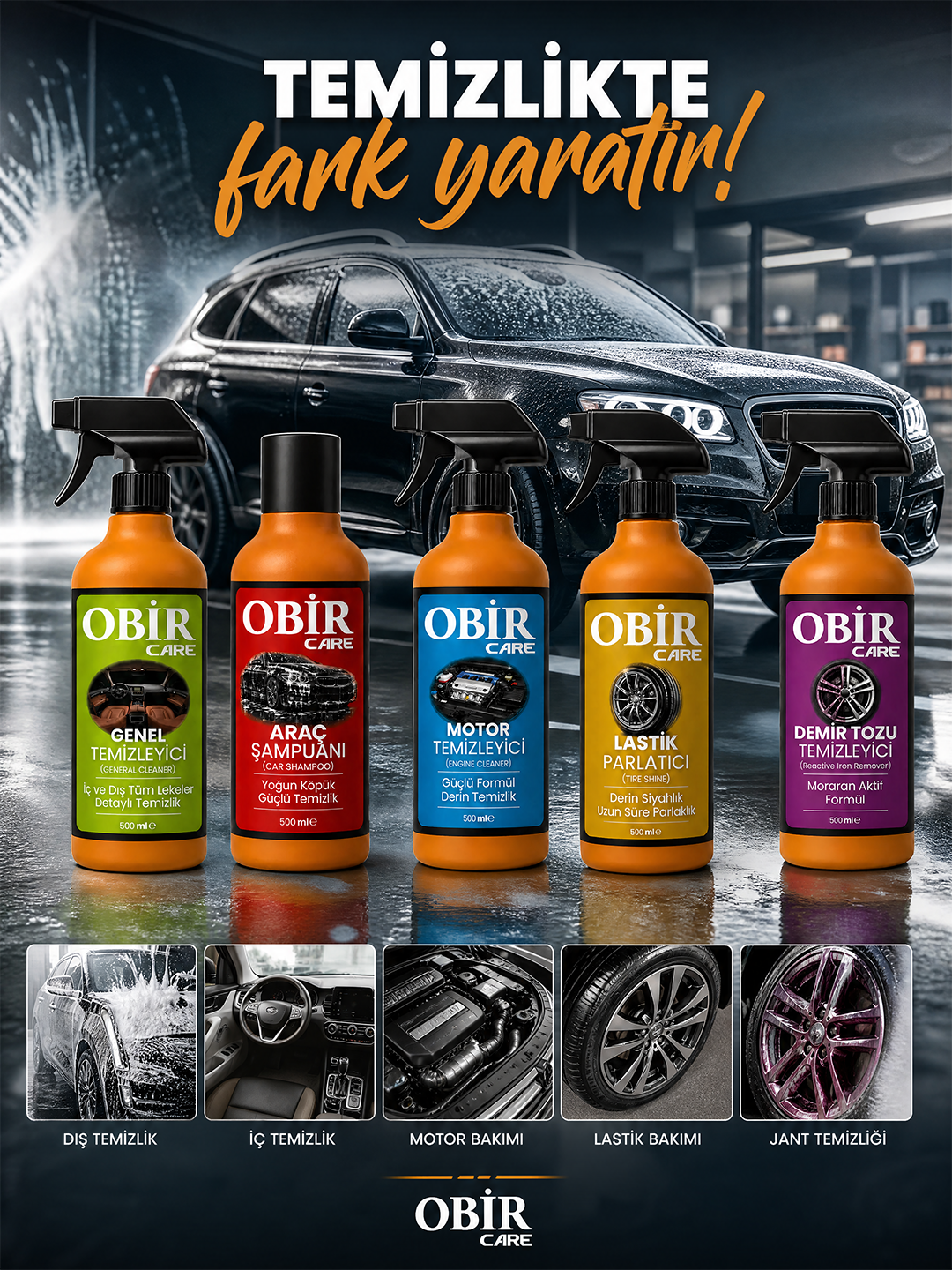 Premium 5'li Oto Bakım Seti – İç, Dış, Motor, Jant, Lastik