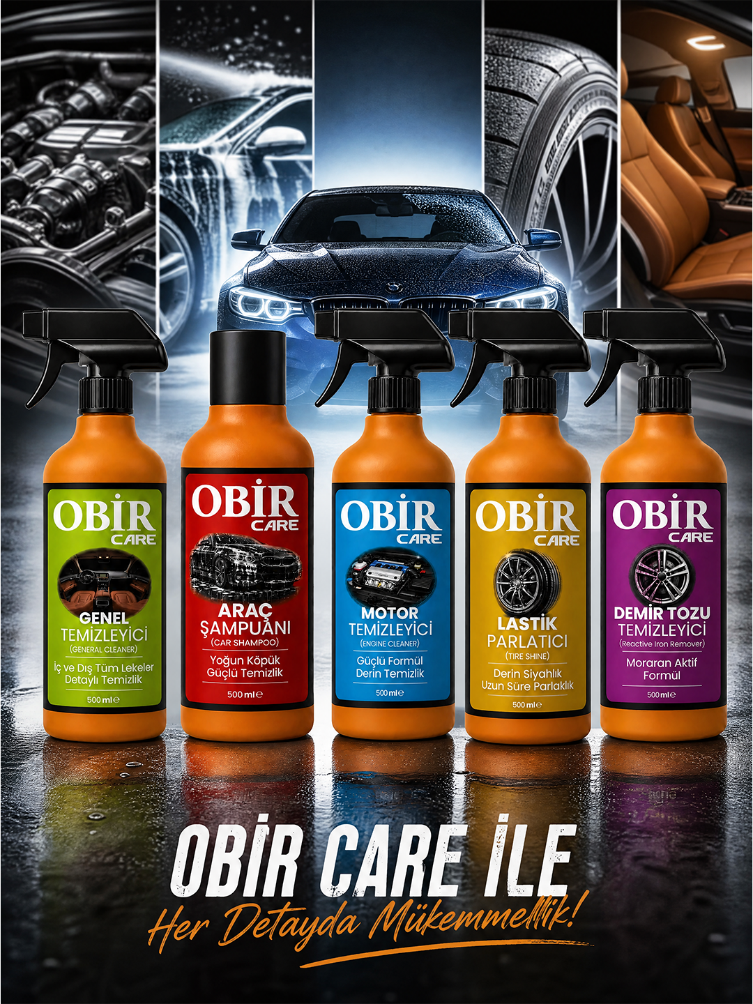 Premium 5'li Oto Bakım Seti – İç, Dış, Motor, Jant, Lastik